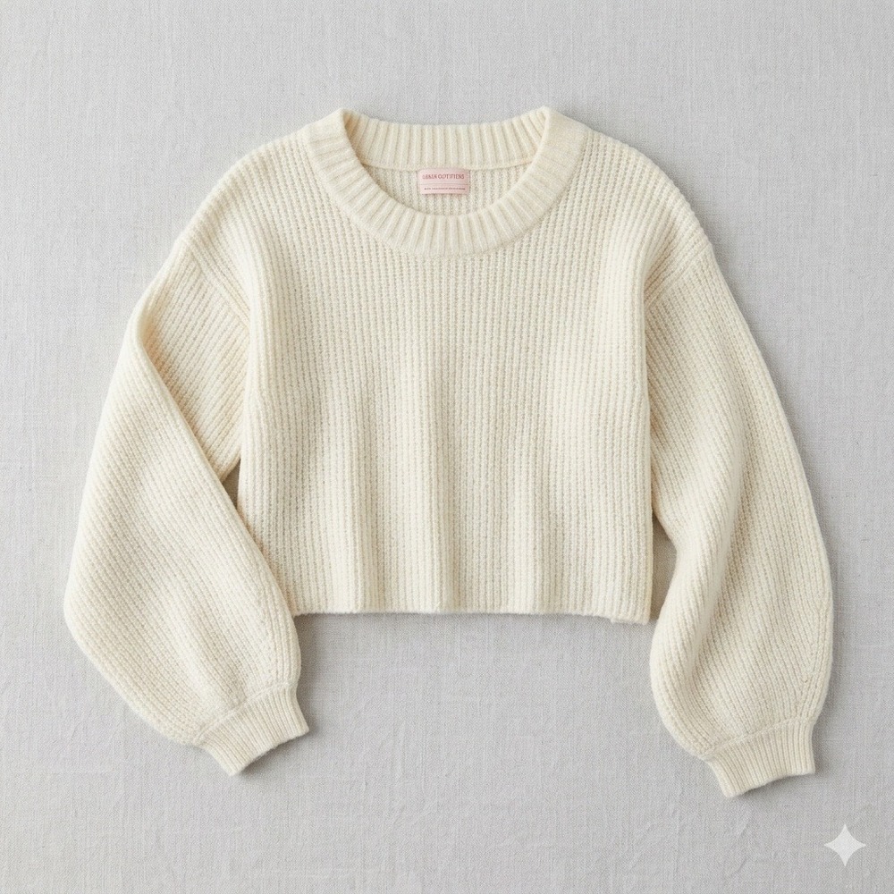 Urban Outfitters Cream Ribbed Cropped Sweater Balloon Sleeve Crew Neck Medium - Picture 1 of 6